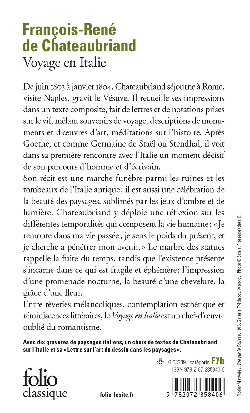 Voyage en Italie suivi de Lettre sur l'art du dessin dans les paysages et de Choix de textes sur Rome, Naples et Venise - François-René de Chateaubriand