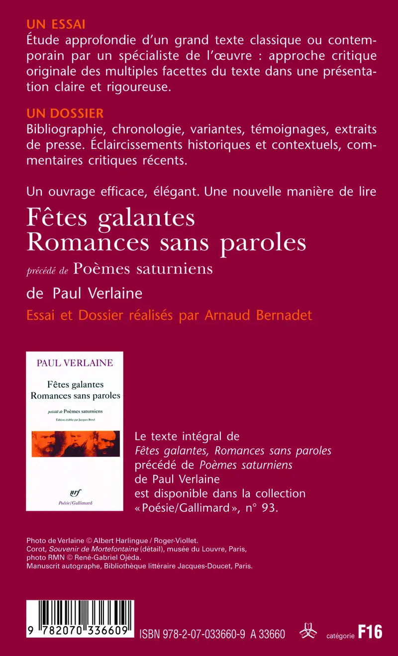 Fêtes galantes - Romances sans paroles de Paul Verlaine précédé de Poèmes saturniens (Essai et dossier) - Arnaud Bernadet