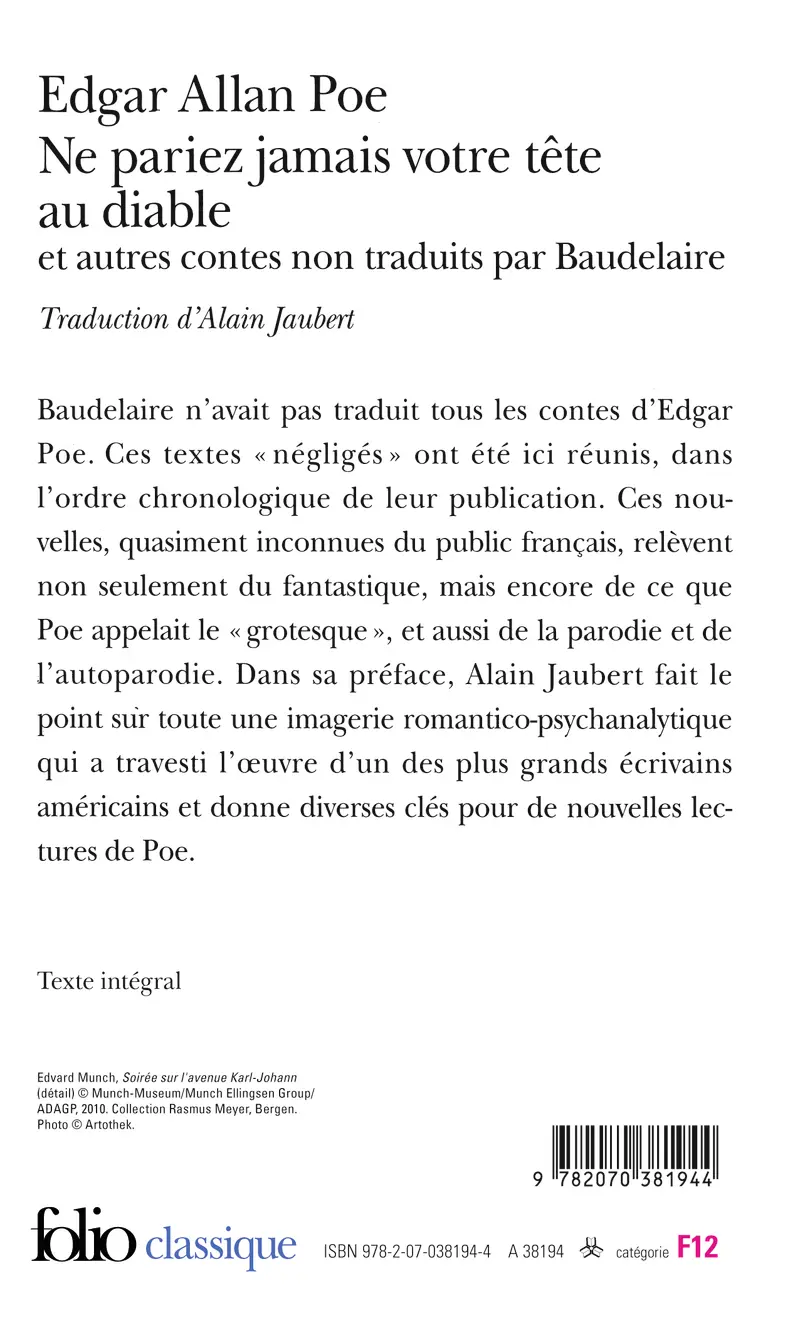 Ne pariez jamais votre tête au diable et autres contes non traduits par Baudelaire - Edgar Allan Poe