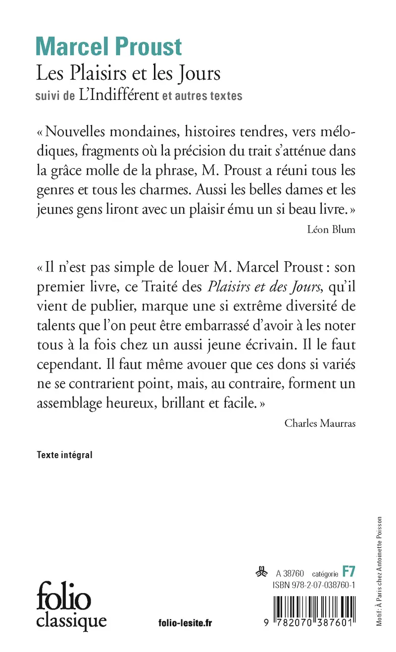Les Plaisirs et les Jours suivi de L'Indifférent et autres textes - Marcel Proust