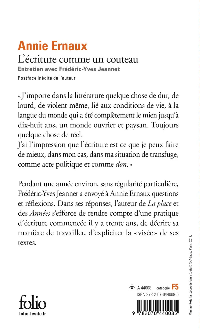 L'écriture comme un couteau - Annie Ernaux - Frédéric-Yves Jeannet