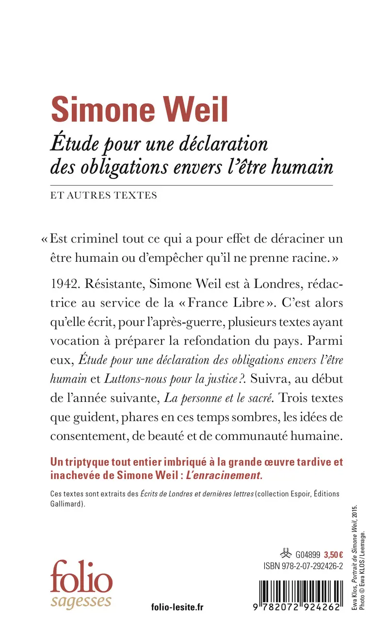 Étude pour une déclaration des obligations envers l'être humain et autres textes - Simone Weil