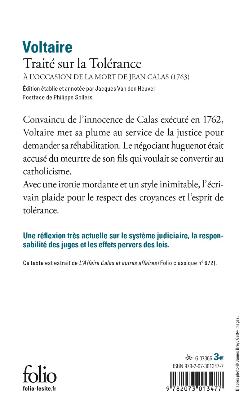 Traité sur la Tolérance à l'occasion de la mort de Jean Calas - Voltaire