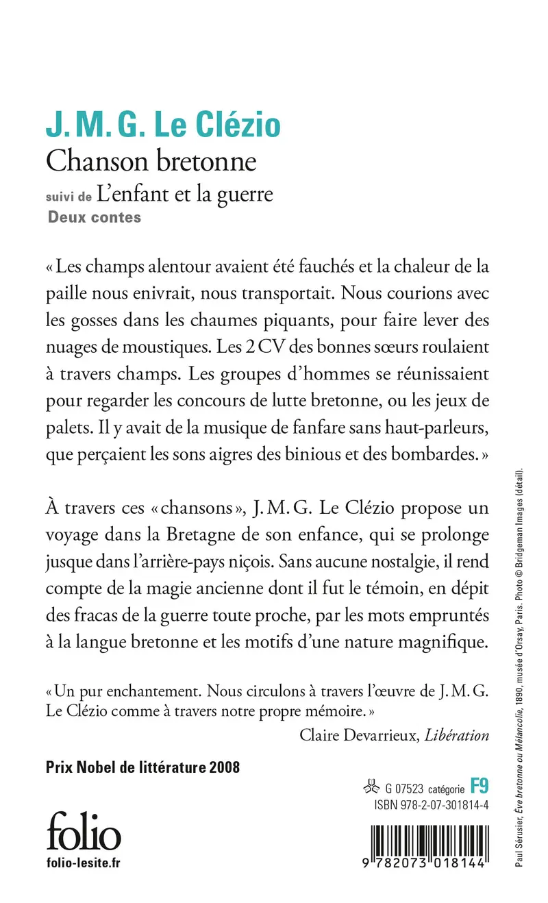 Chanson bretonne suivi de L'enfant et la guerre - J. M. G. Le Clézio
