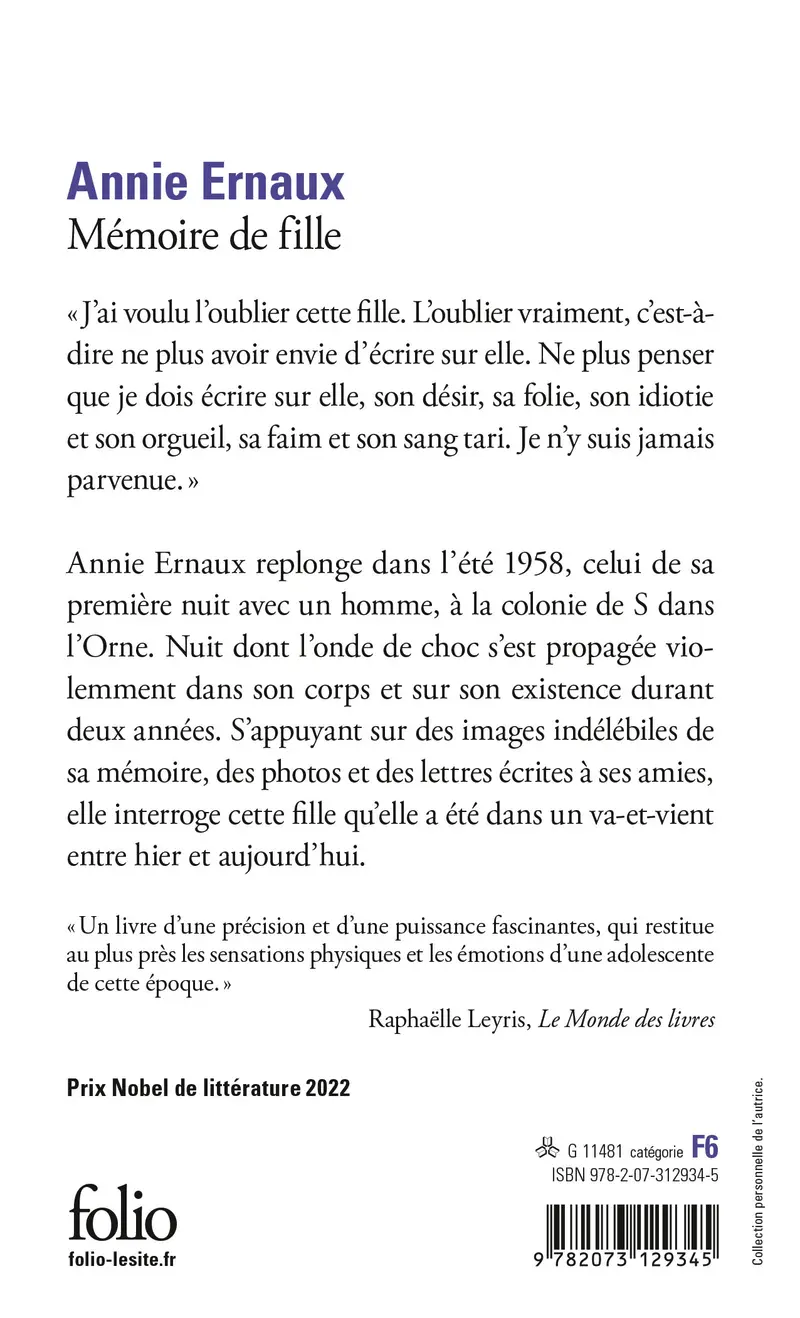 Mémoire de fille - Annie Ernaux